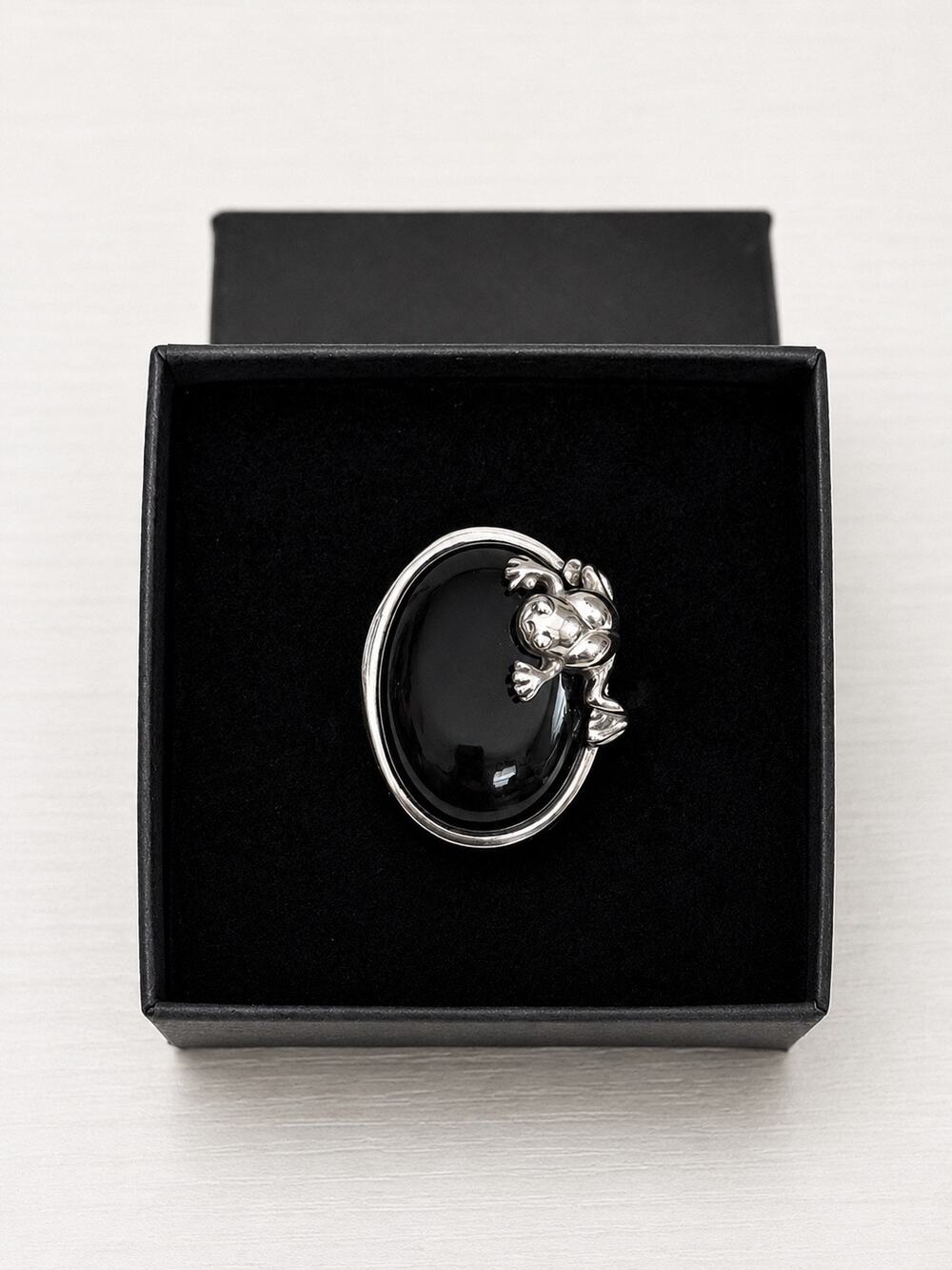 Vintage Frog Black Onyx Cabochon Statement Ring Stainless Steel Size 8